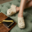 Aura Beige Platform Chunky Block Heel Clogs For Women | Slip-On Mules with Detachable Charms