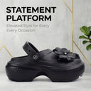 Flora Black Chunky Platform Clogs For Women | 3D Floral EVA Slip-On with Heel Strap