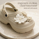 Flora Beige Chunky Platform Clogs For Women | 3D Floral EVA Slip-On with Heel Strap