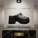 Aura Black Platform Chunky Block Heel Clogs For Women | Slip-On Mules with Detachable Charms