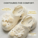 Flora White Chunky Platform Clogs For Women | 3D Floral EVA Slip-On with Heel Strap
