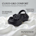Flora Black Chunky Platform Clogs For Women | 3D Floral EVA Slip-On with Heel Strap