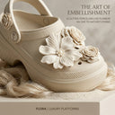 Flora Beige Chunky Platform Clogs For Women | 3D Floral EVA Slip-On with Heel Strap