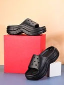 Black Solid Platform Flip Flops Slippers For Women - Greentech